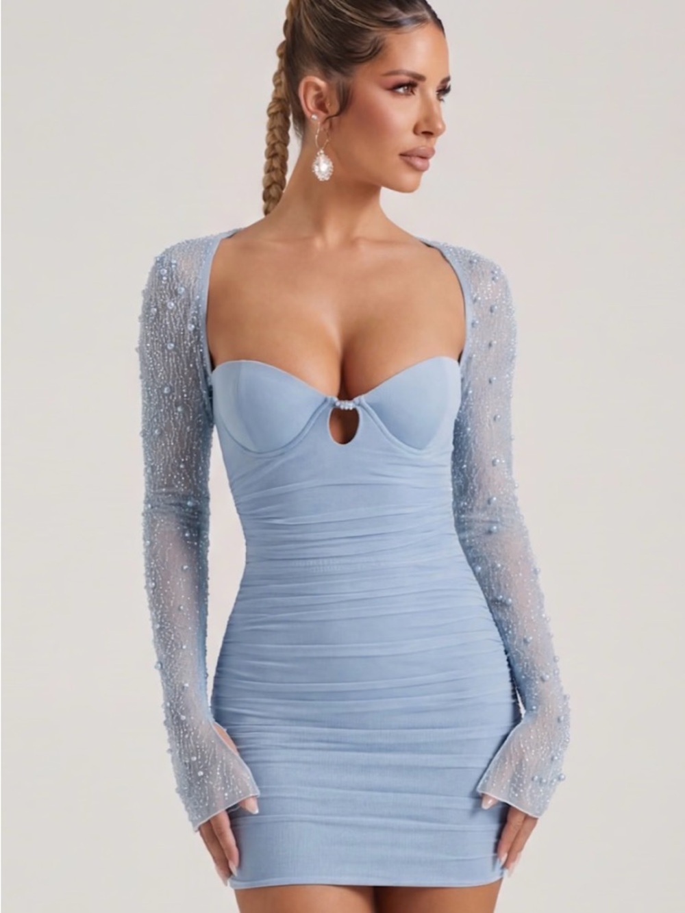 Oh Polly Baby Blue Beaded Sheer-Sleeve Mini Dress ***w/ plus size bra cups*** - Picture 2 of 6
